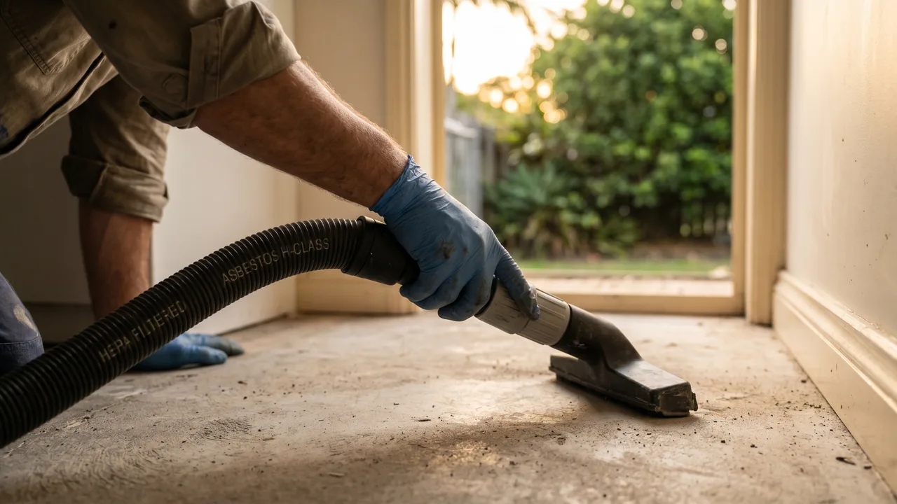 I will prepare a close-up editorial shot focused on a key tool or material used in professional asbestos removal. The scene will be set within a clean Brisbane suburban residential context, emphasizing a high standard of